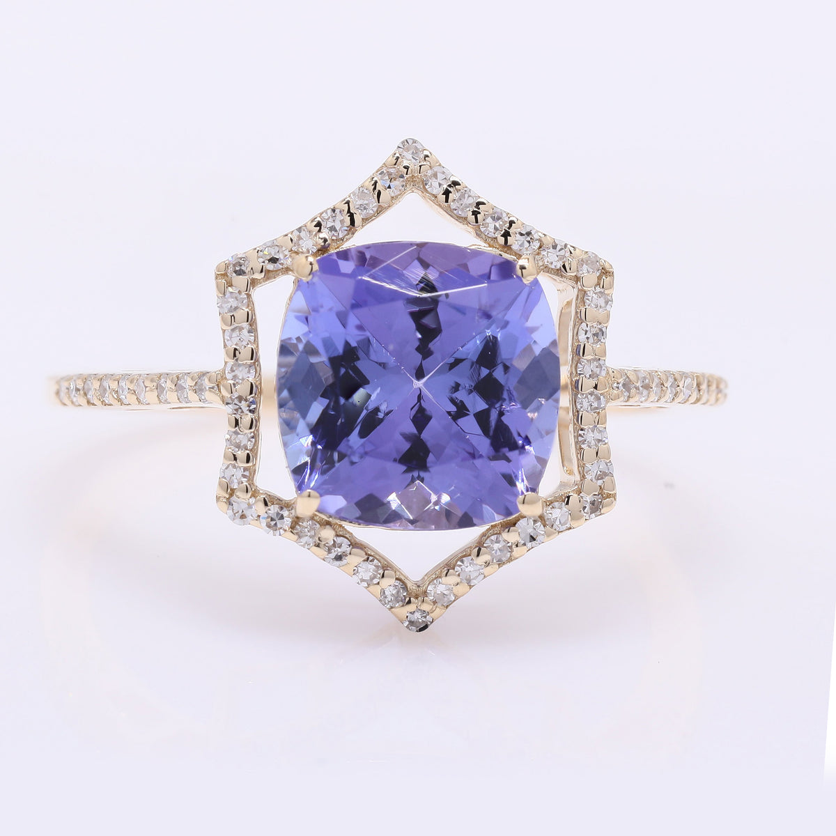 3.15 Ct Cushion Mixed Cut Natural Tanzanite 14K Gold Ring