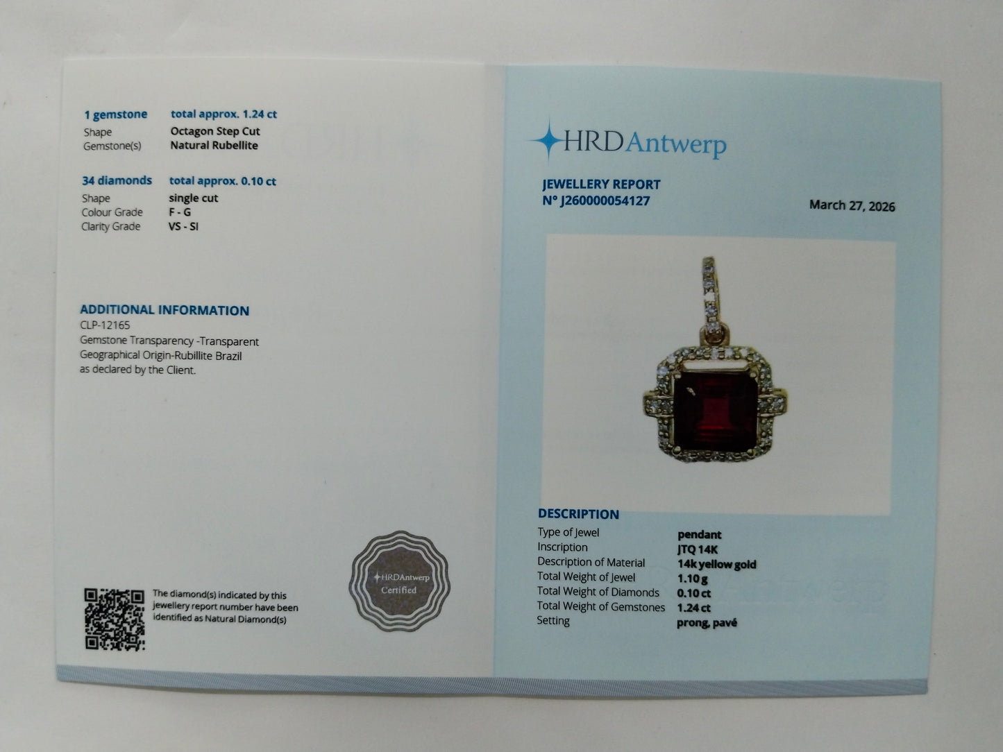 1.34 Ct Octagon Step Cut Natural Rubellite 14K Gold Pendant