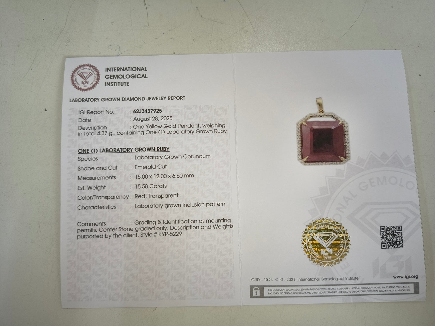 15.77 Ct Emerald Cut Lab Grown Ruby 14K Gold Pendant