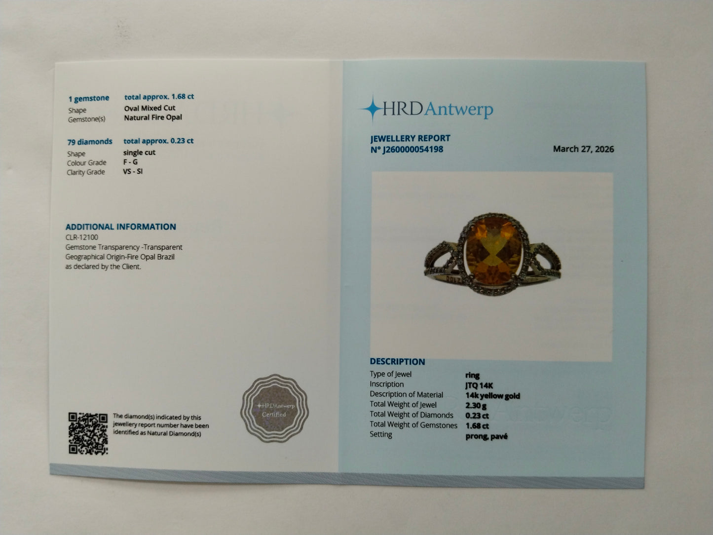 1.91 Ct Oval Mixed Cut Natural Fire Opal 14K Gold Ring