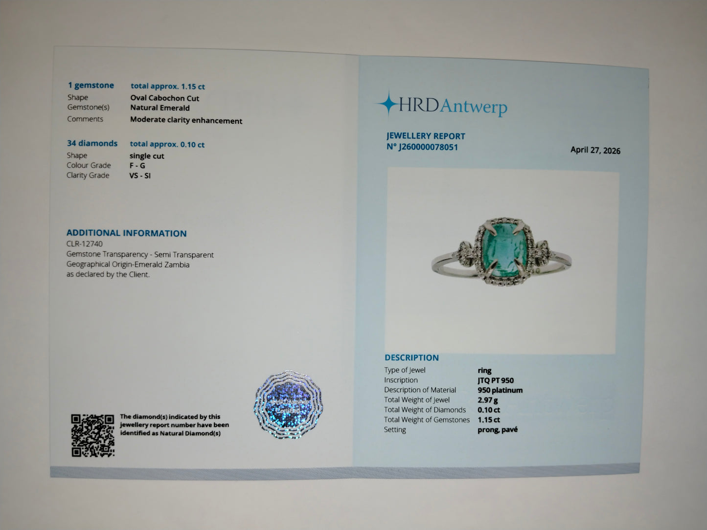 1.25 Ct Oval Cabochon Cut Natural Emerald 950 Platinum Ring
