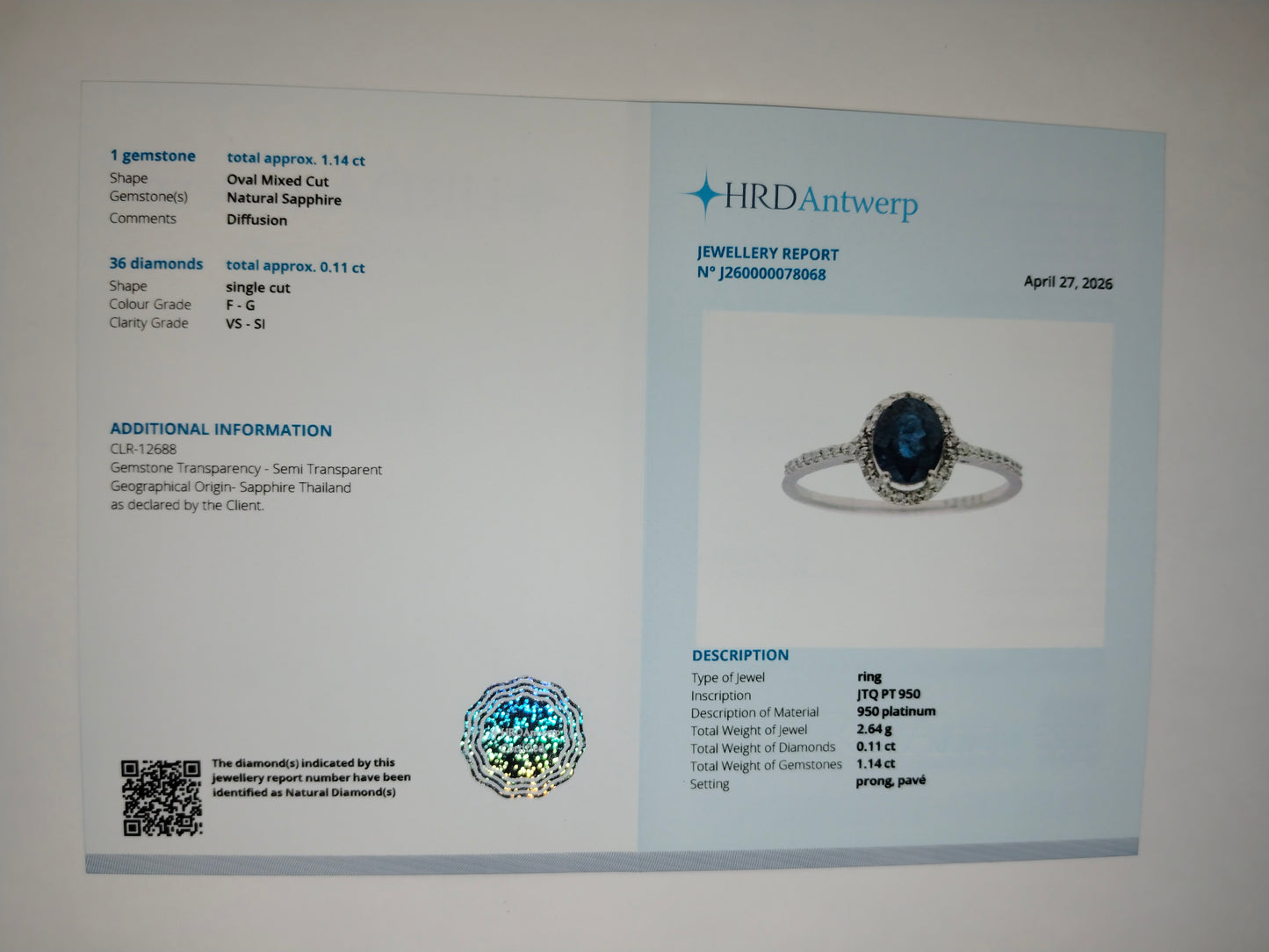 1.25 Ct Oval Mixed Cut Natural Sapphire 950 Platinum Ring
