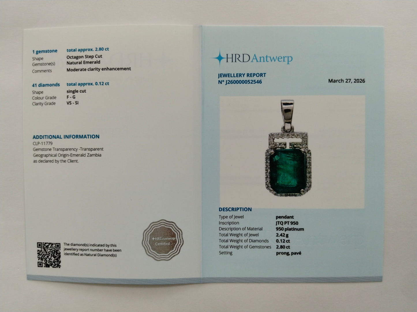 2.92 Ct Octagon Step Cut Natural Emerald 950 Platinum Pendant