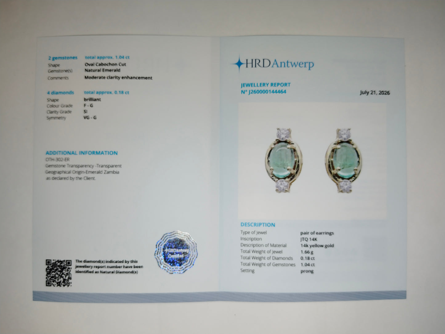 1.22 Ct Oval Cabochon Cut Natural Emerald 14K Gold Earrings