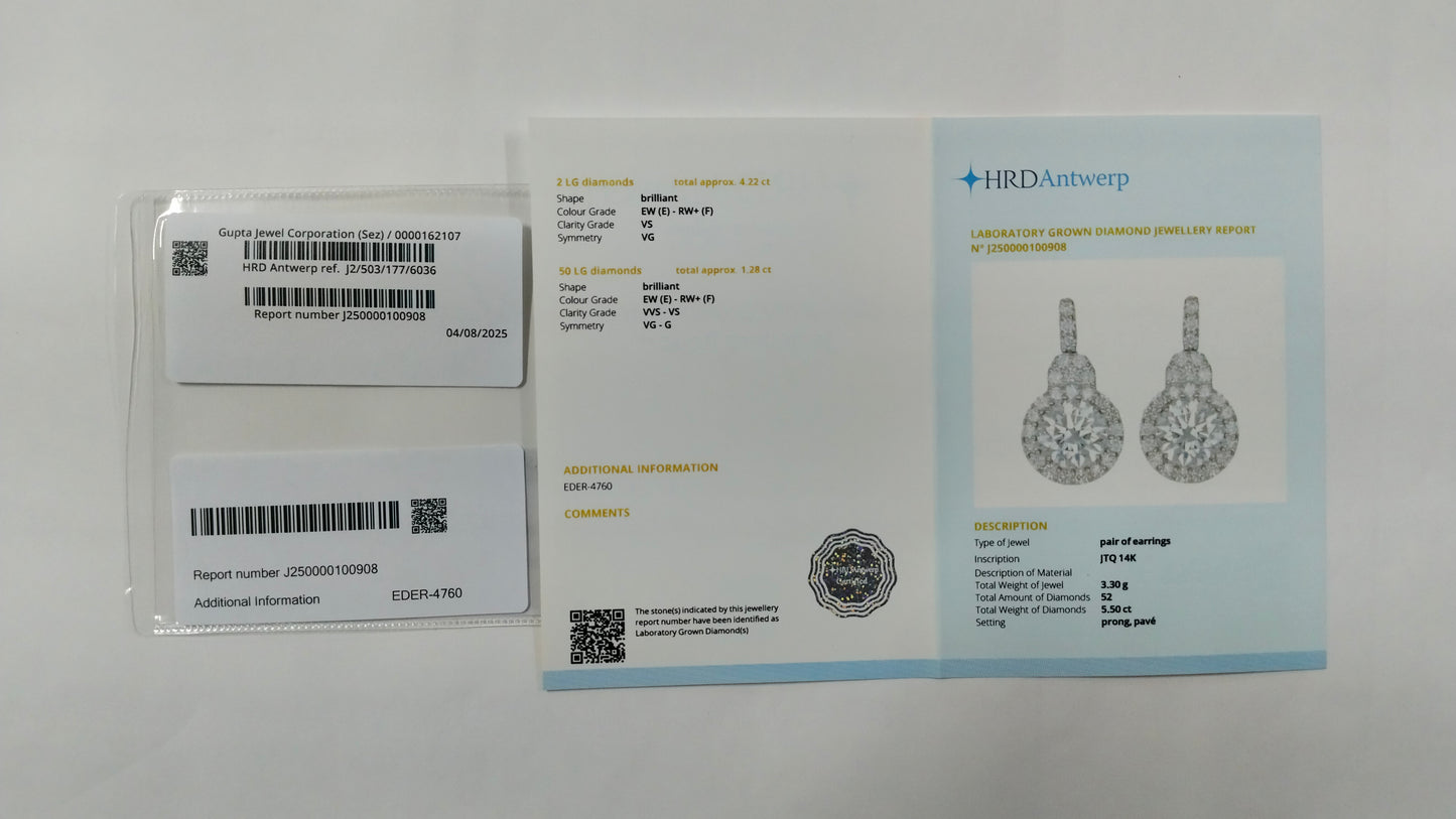 5.50 Carats Lab Grown Diamond 14K Gold Earrings