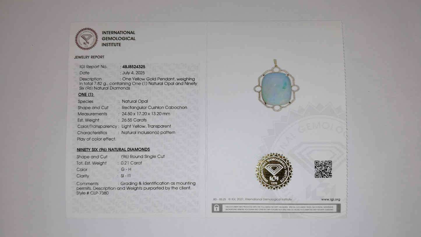 26.76 Ct Rectangular Cushion Cabochon Natural Opal 14K Gold Pendant