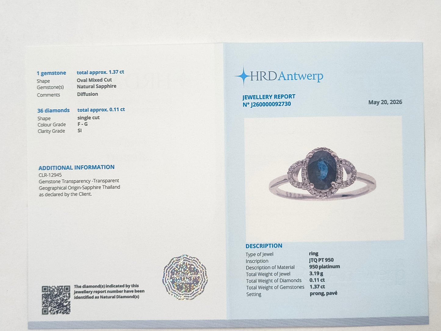 1.48 Ct Oval Sapphire 950 Platinum Ring