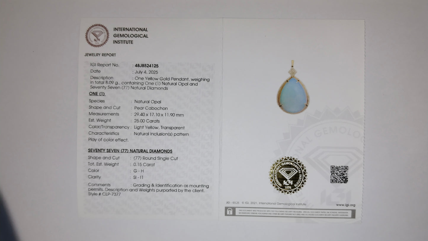 25.15 Ct Pear Cabochon Natural Opal 14K Gold Pendant