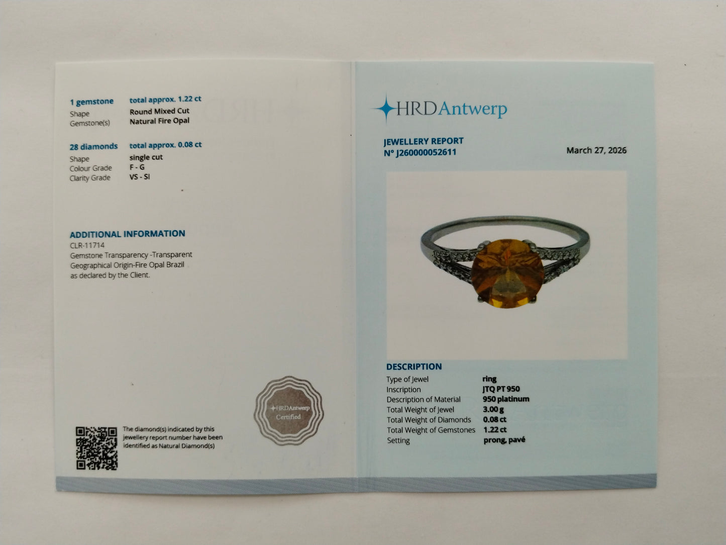 1.30 Ct Round Mixed Cut Natural Fire Opal 950 Platinum Ring