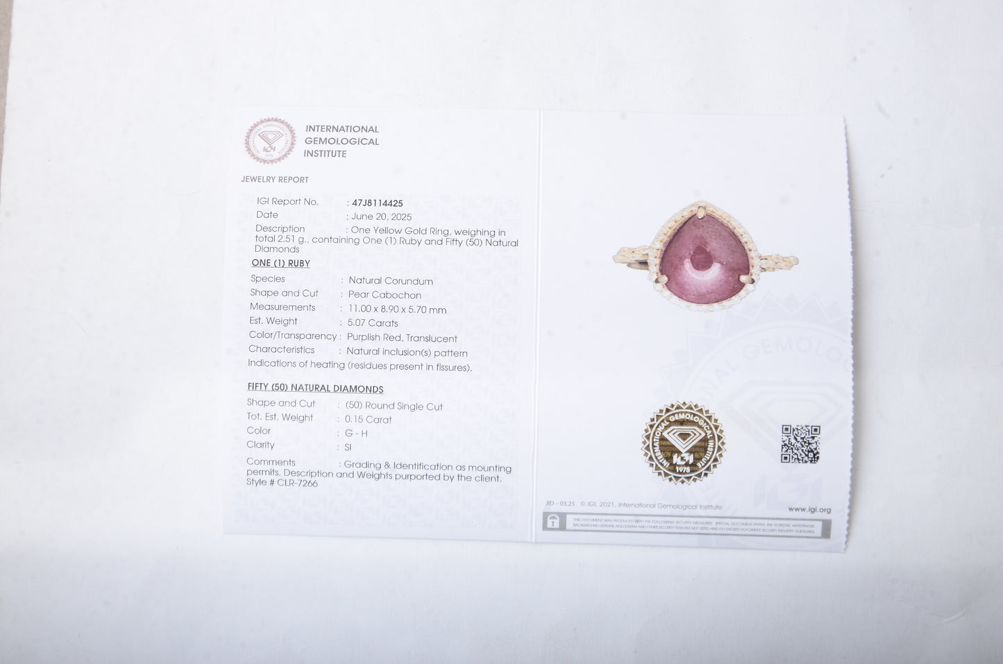 5.22 Ct Pear Cabochon Natural Corundum Ruby 14K Gold Ring