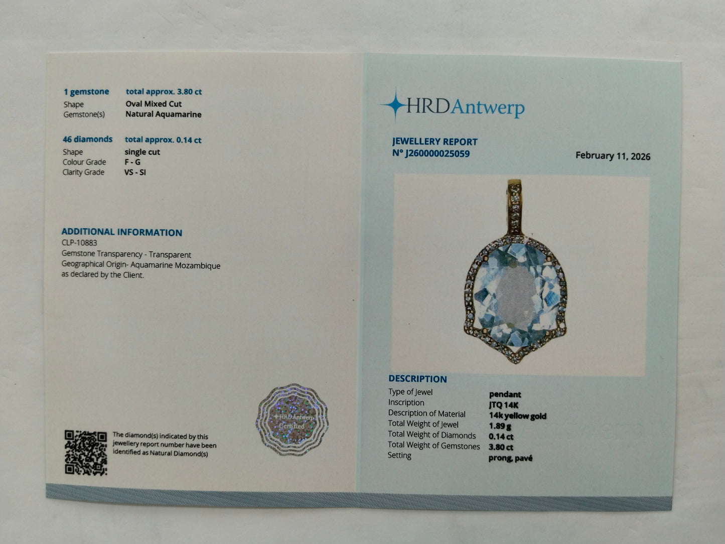 3.94 Ct Oval Mixed Cut Natural Aquamarine 14K Gold Pendant