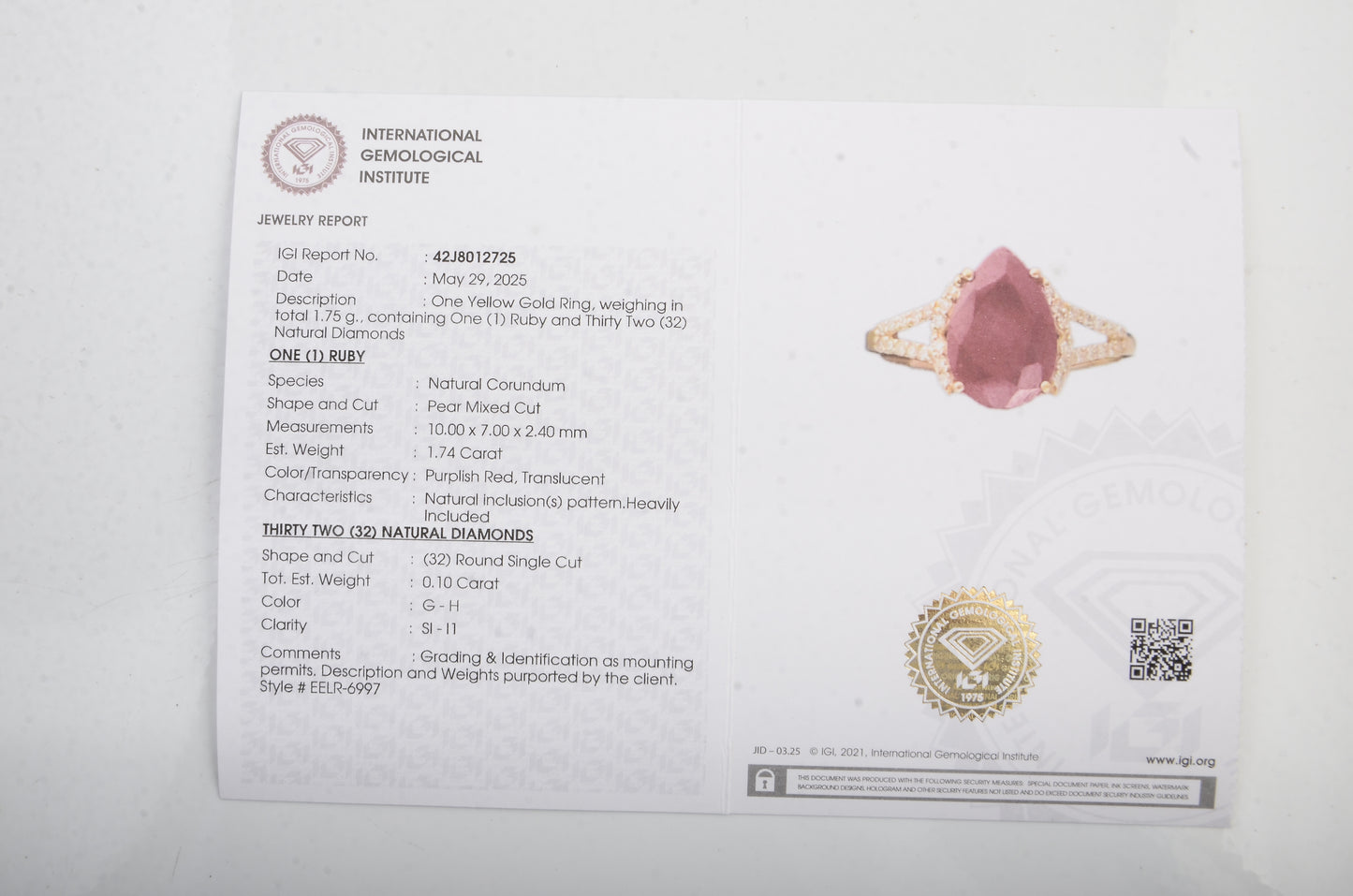 1.84 Ct Pear Mixed Cut Natural Corundum Ruby 14K Gold Ring