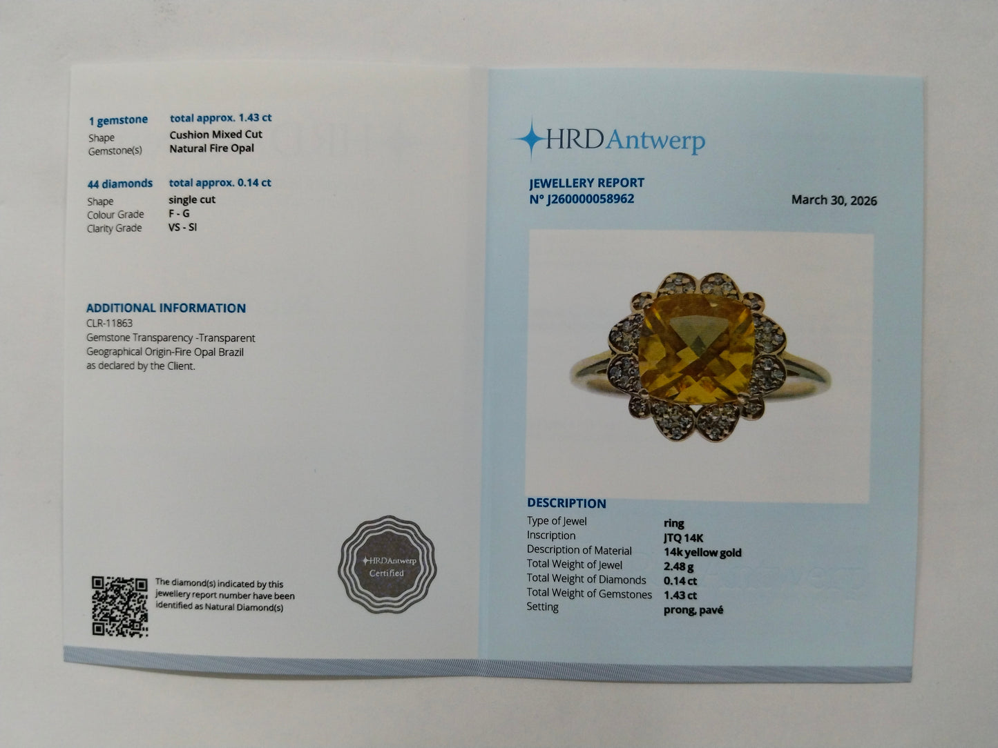 1.57 Ct Cushion Mixed Cut Natural Fire Opal 14K Gold Ring