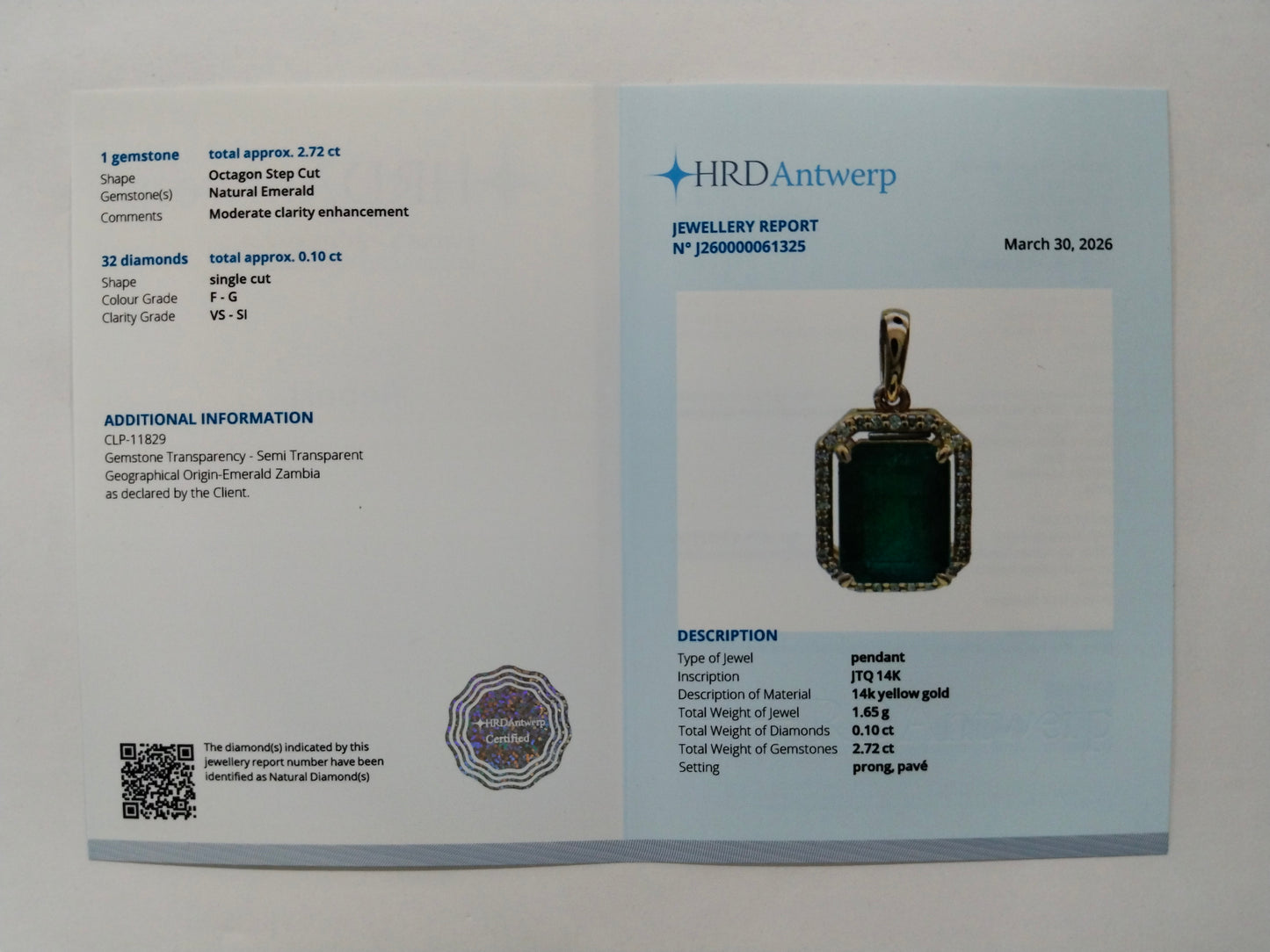 2.82 Ct Octagon Step Cut Natural Emerald 14K Gold Pendant