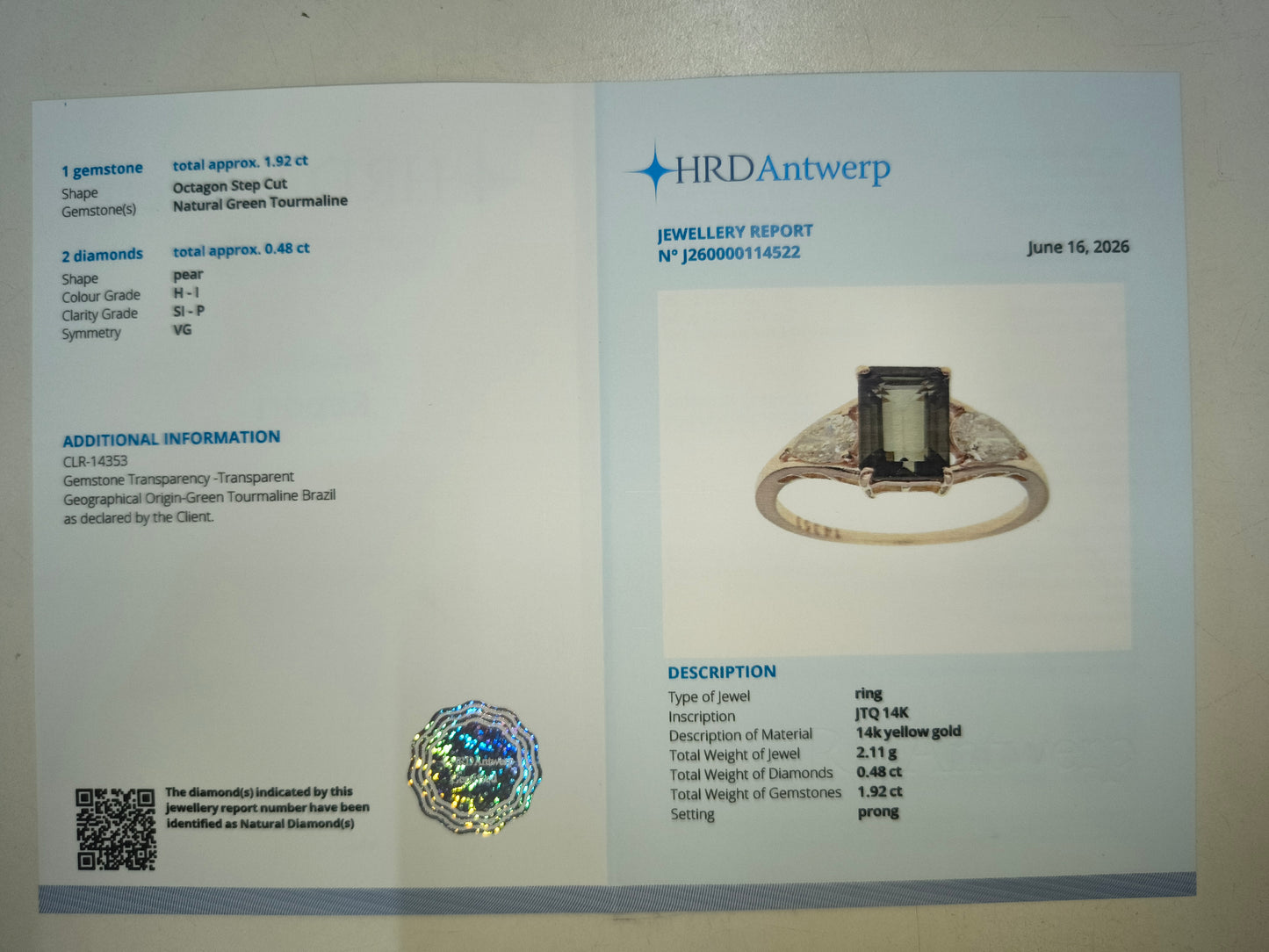 2.40 Ct Octagon Step Cut Natural Green Tourmaline 14K Gold Ring