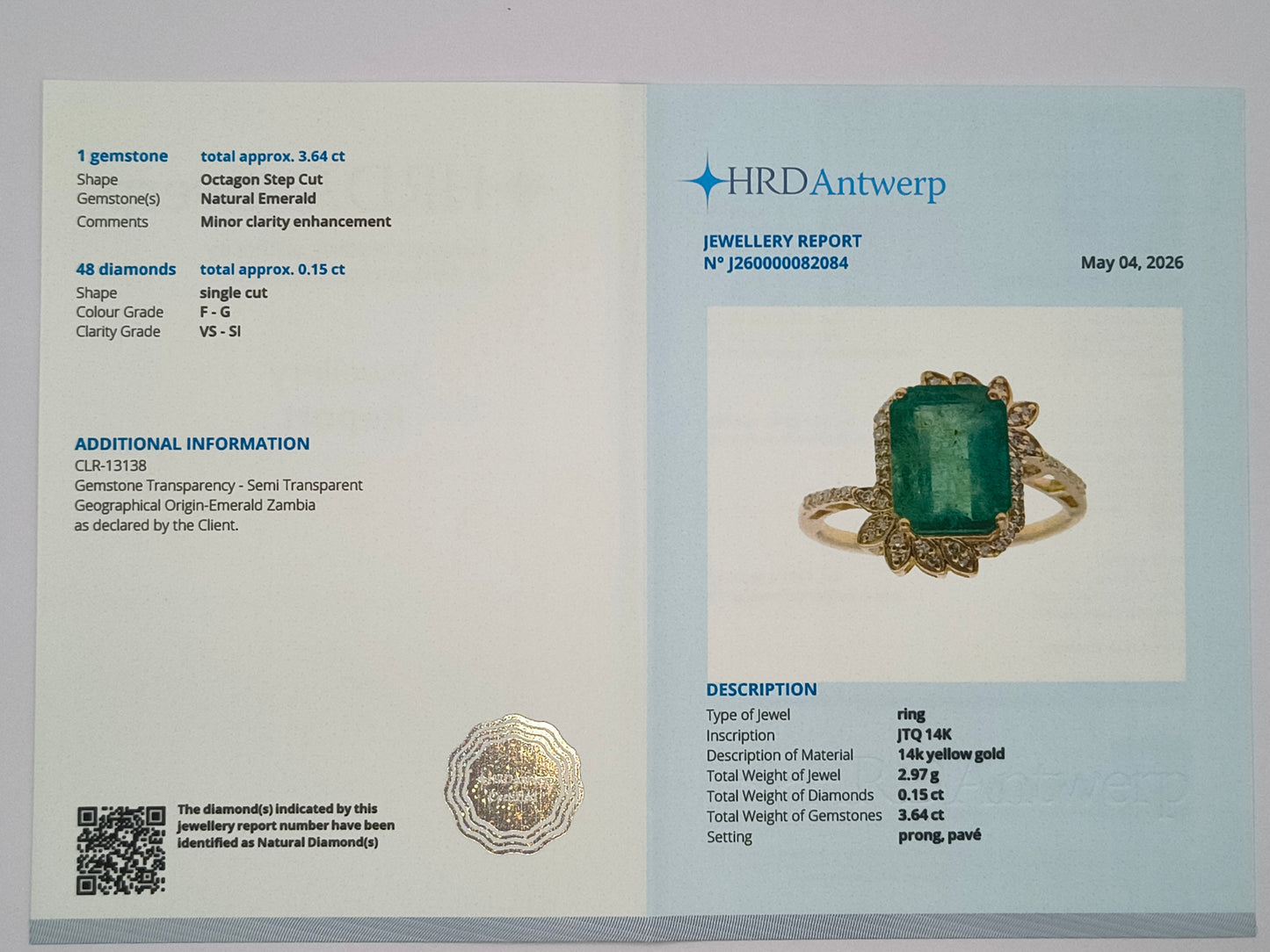 3.79 Ct Octagon Step Cut Natural Emerald 14K Gold Ring