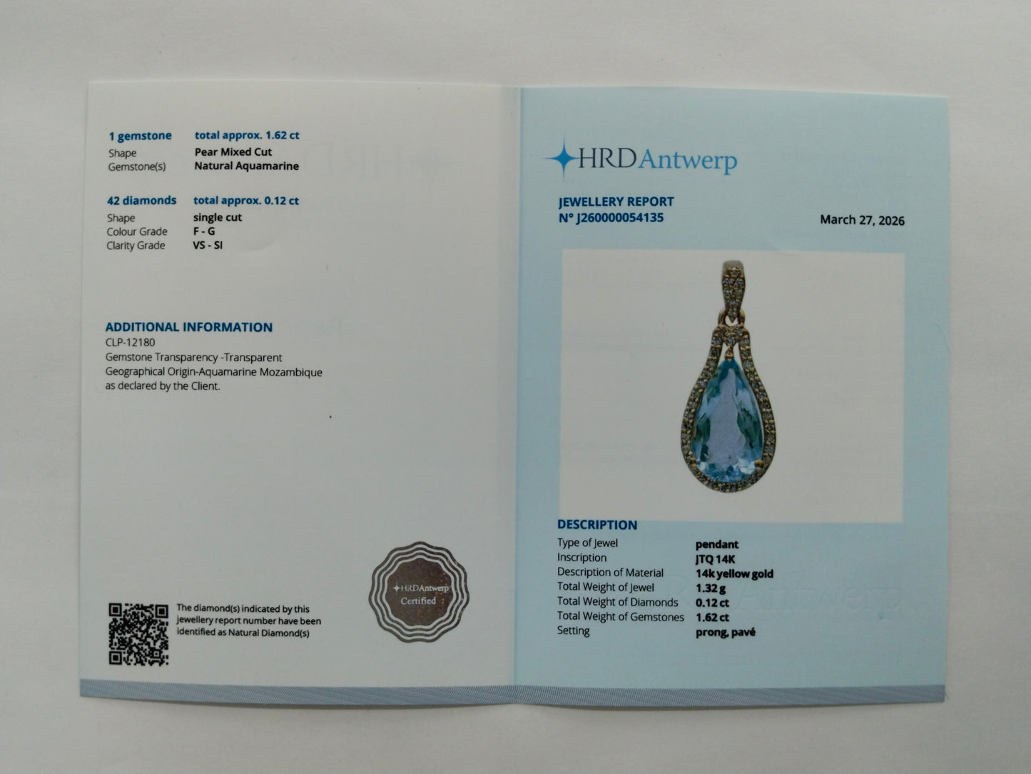 1.74 Ct Pear Mixed Cut Natural Aquamarine 14K Gold Pendant