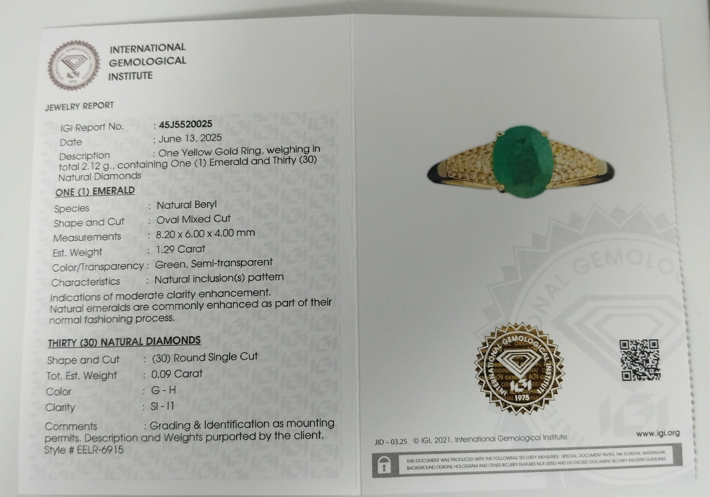 1.38 Ct Oval Mixed Cut Natural Beryl Emerald 14K Gold Ring