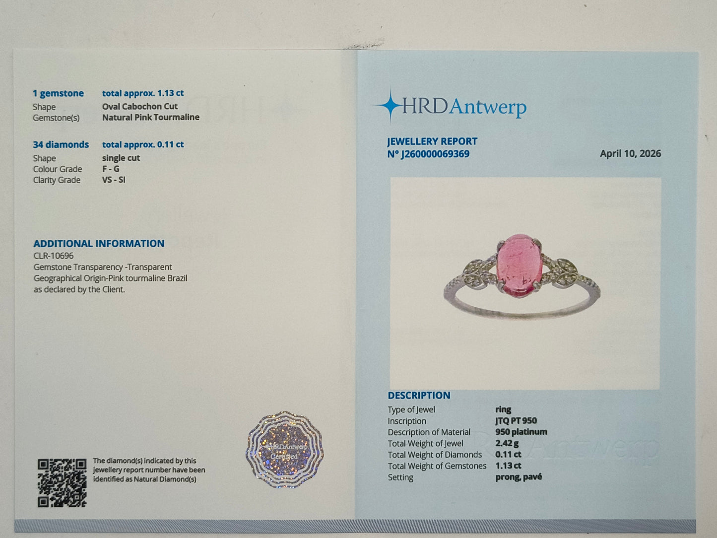 1.24 Ct Oval Cabochon Cut Natural Pink Tourmaline 950 Platinum Ring