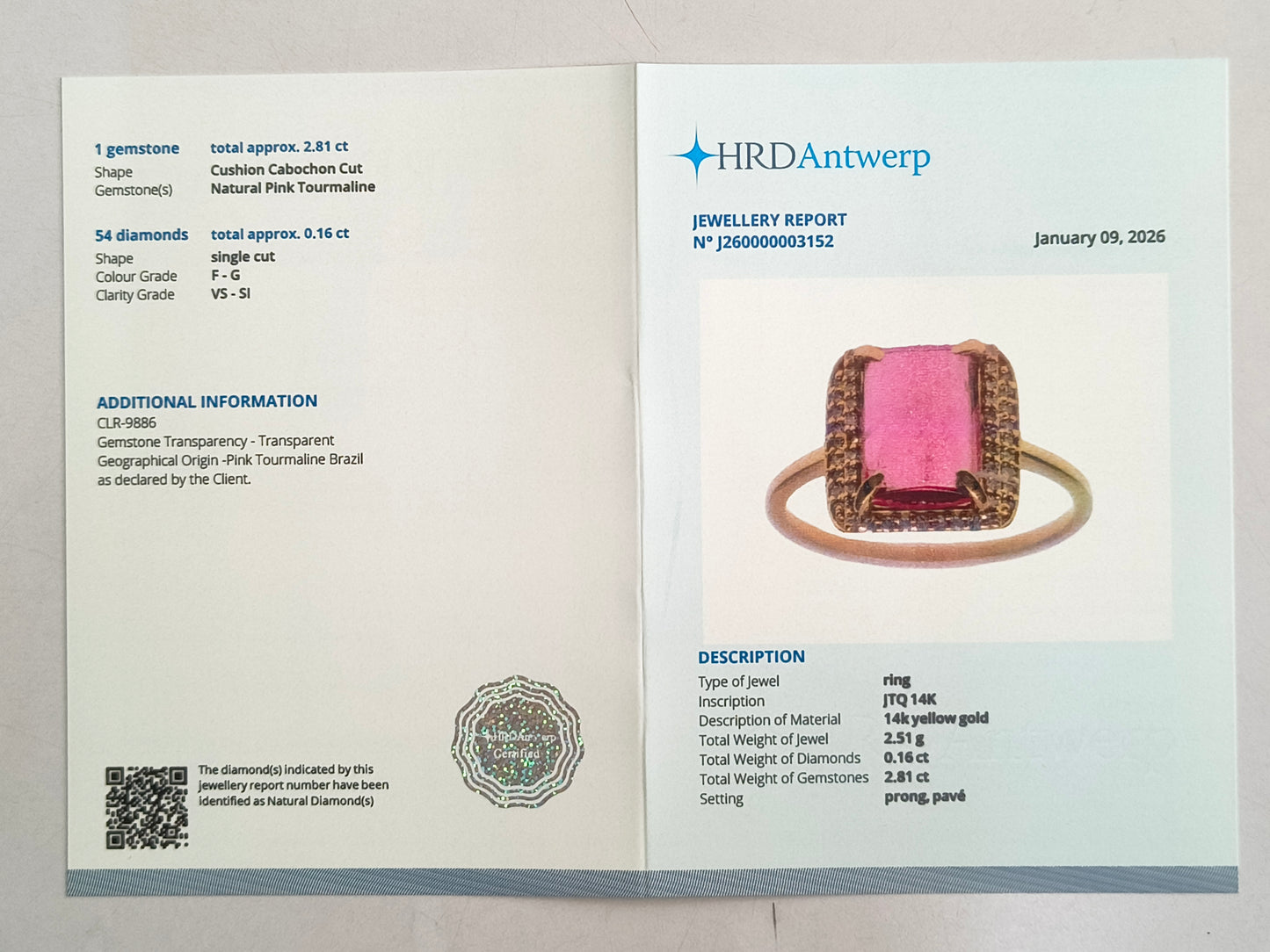2.97 Ct Cushion Cabochon Cut Natural Pink Tourmaline 14K Gold Ring