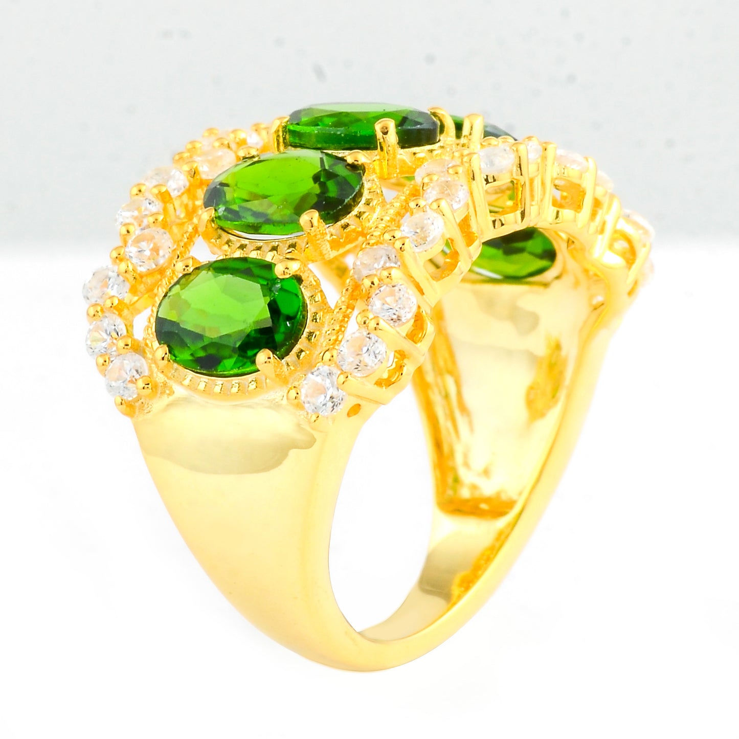 5.78 Ct Oval Chrome Diopside, White Zircon 925 Sterling Silver Ring