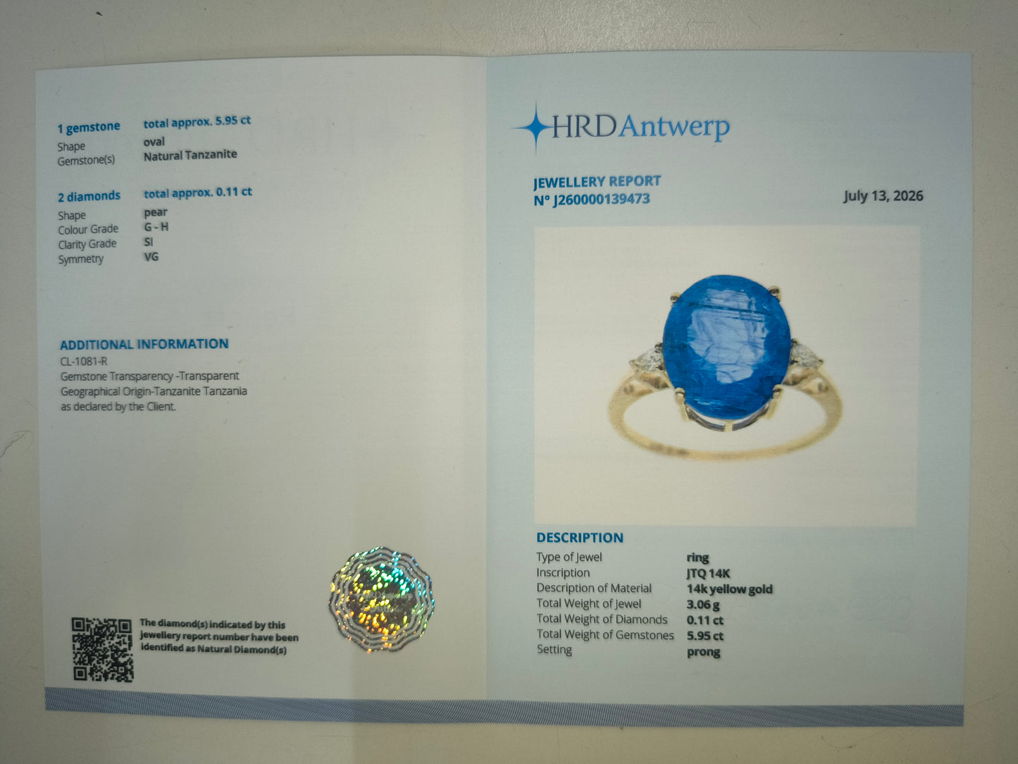 6.06 Ct Oval Natural Tanzanite 14K Gold Ring