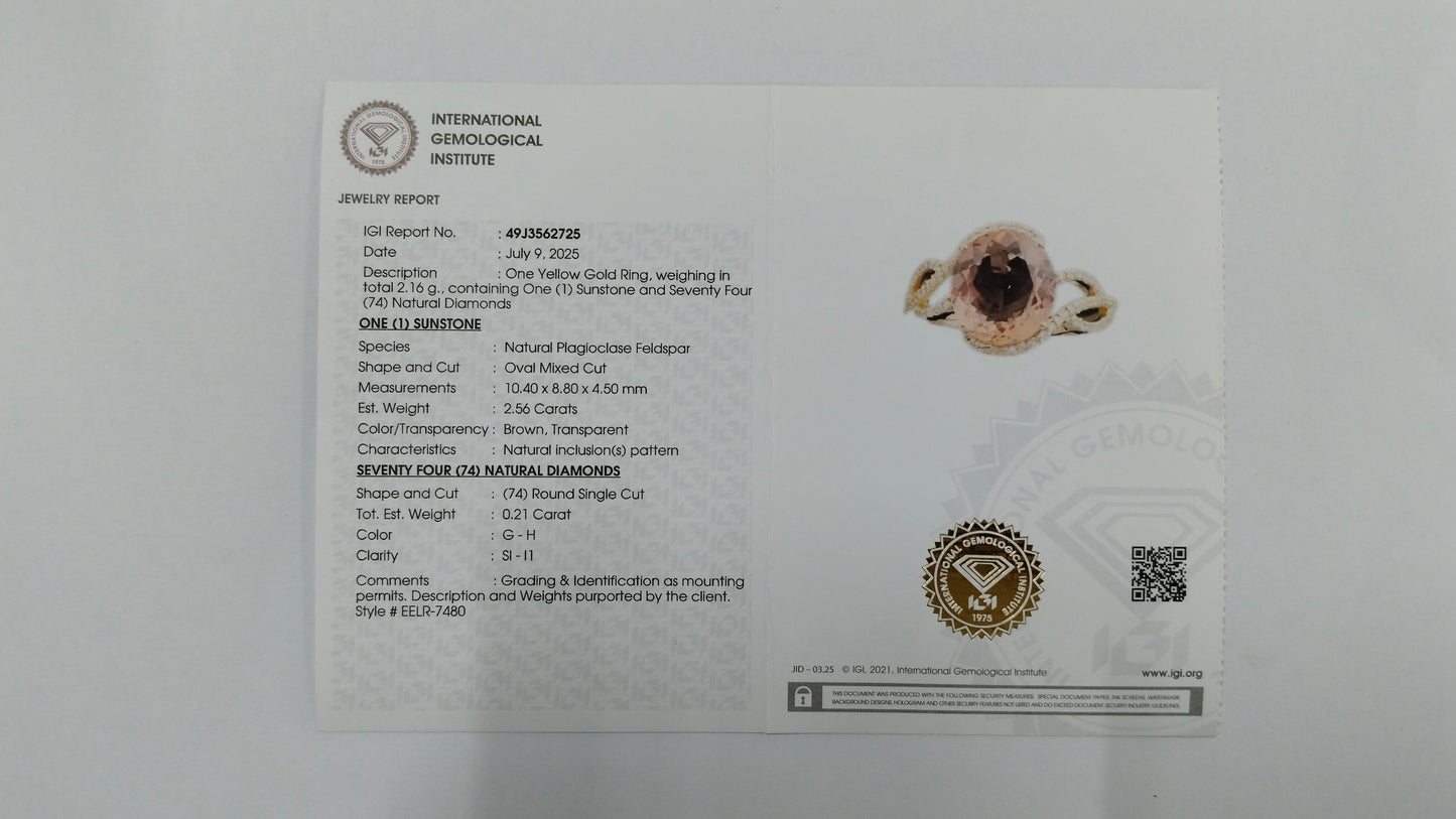 2.77 Ct Oval Mixed Cut Natural Plagioclase Feldspar Sunstone 14K Gold Ring