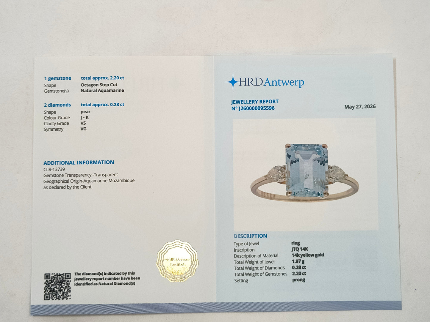 2.48 Ct Octagon Step Cut Natural Aquamarine 14K Gold Ring