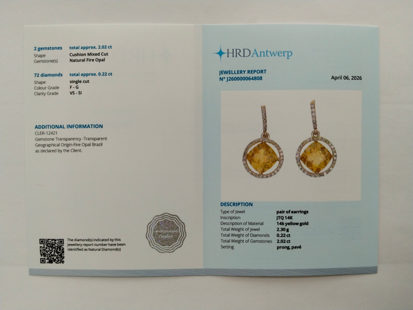 2.24 Ct Cushion Mixed Cut Natural Fire Opal 14K Gold Earrings