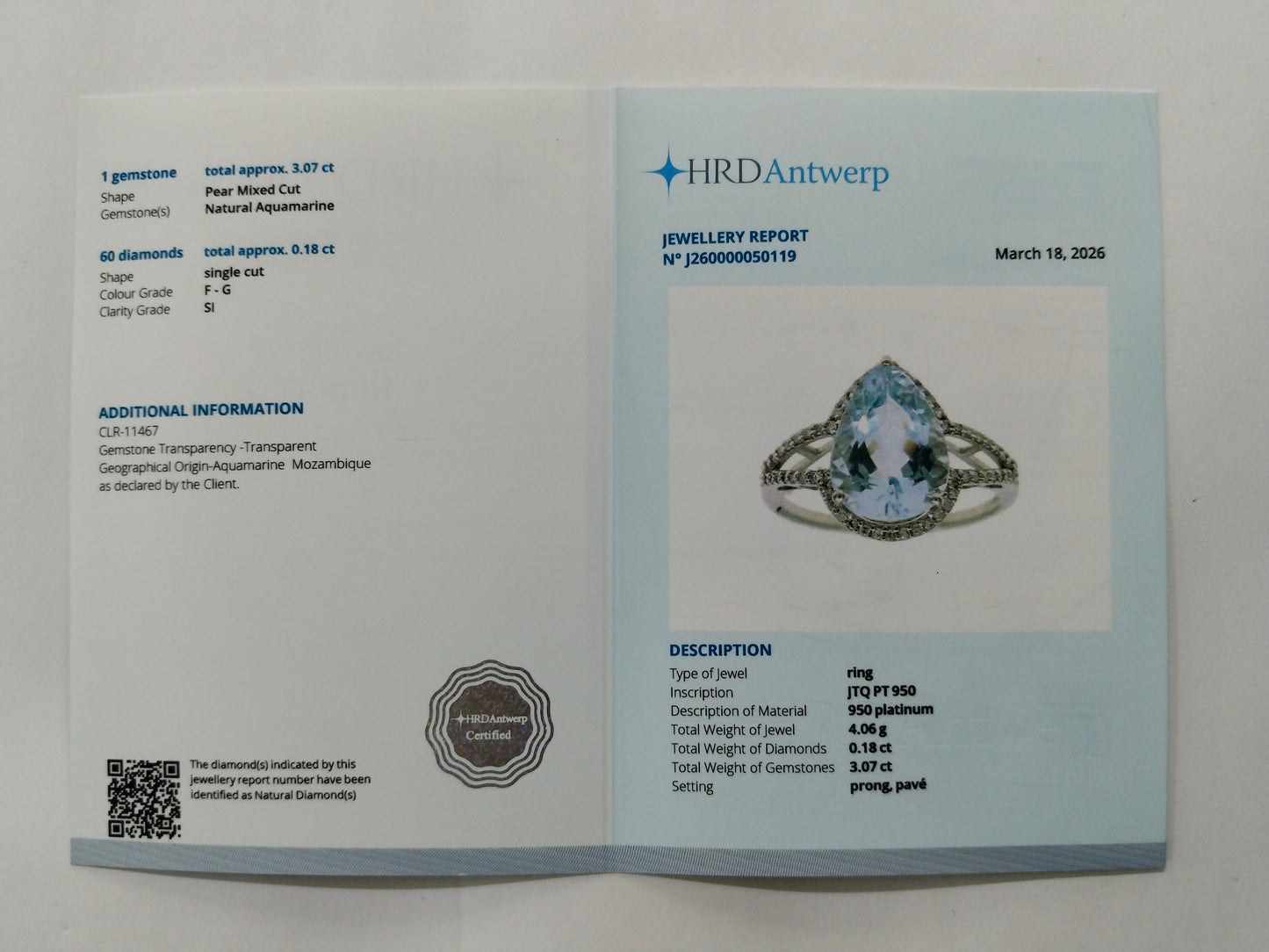 3.25 Ct Pear Mixed Cut Natural Aquamarine 950 Platinum Ring