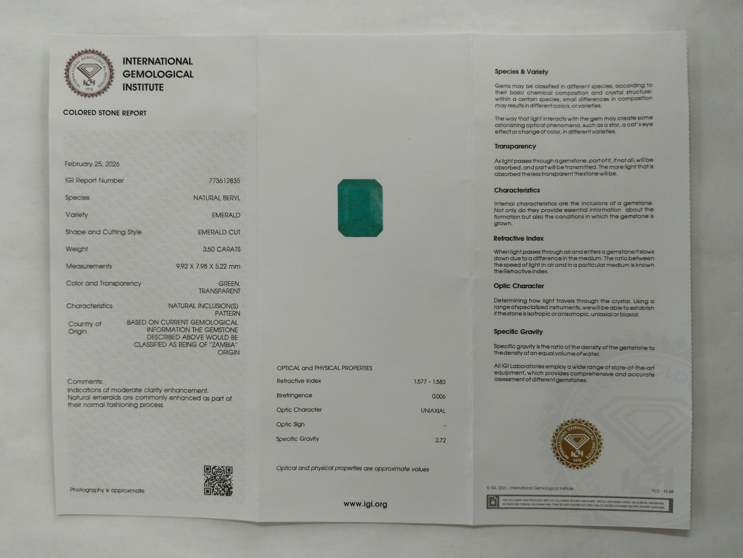 3.5 Natural Beryl Emerald Emerald Cut Gemstone