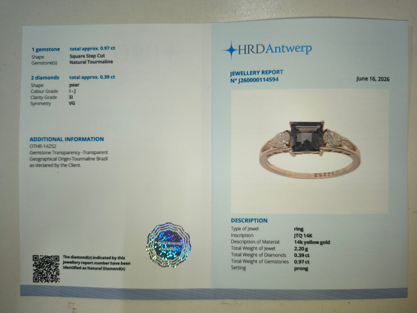 1.36 Ct Square Step Cut Natural Tourmaline 14K Gold Ring