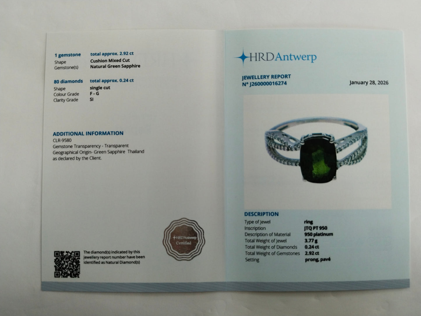 3.16 Ct Cushion Mixed Cut Natural Green Sapphire 950 Platinum Ring