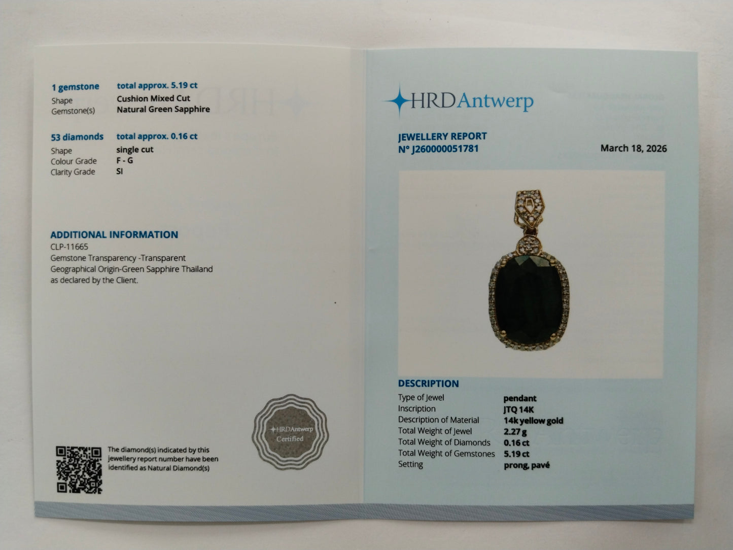 5.35 Ct Cushion Mixed Cut Natural Green Sapphire 14K Gold Pendant