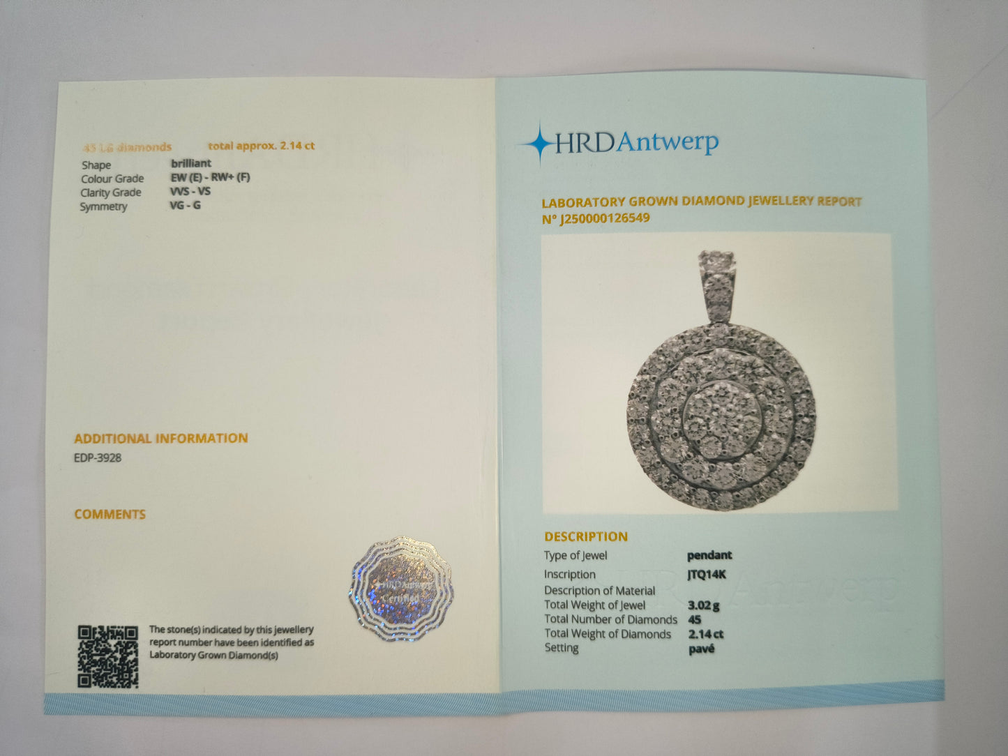 2.14 Carats Lab Grown Diamond 14K Gold Pendant