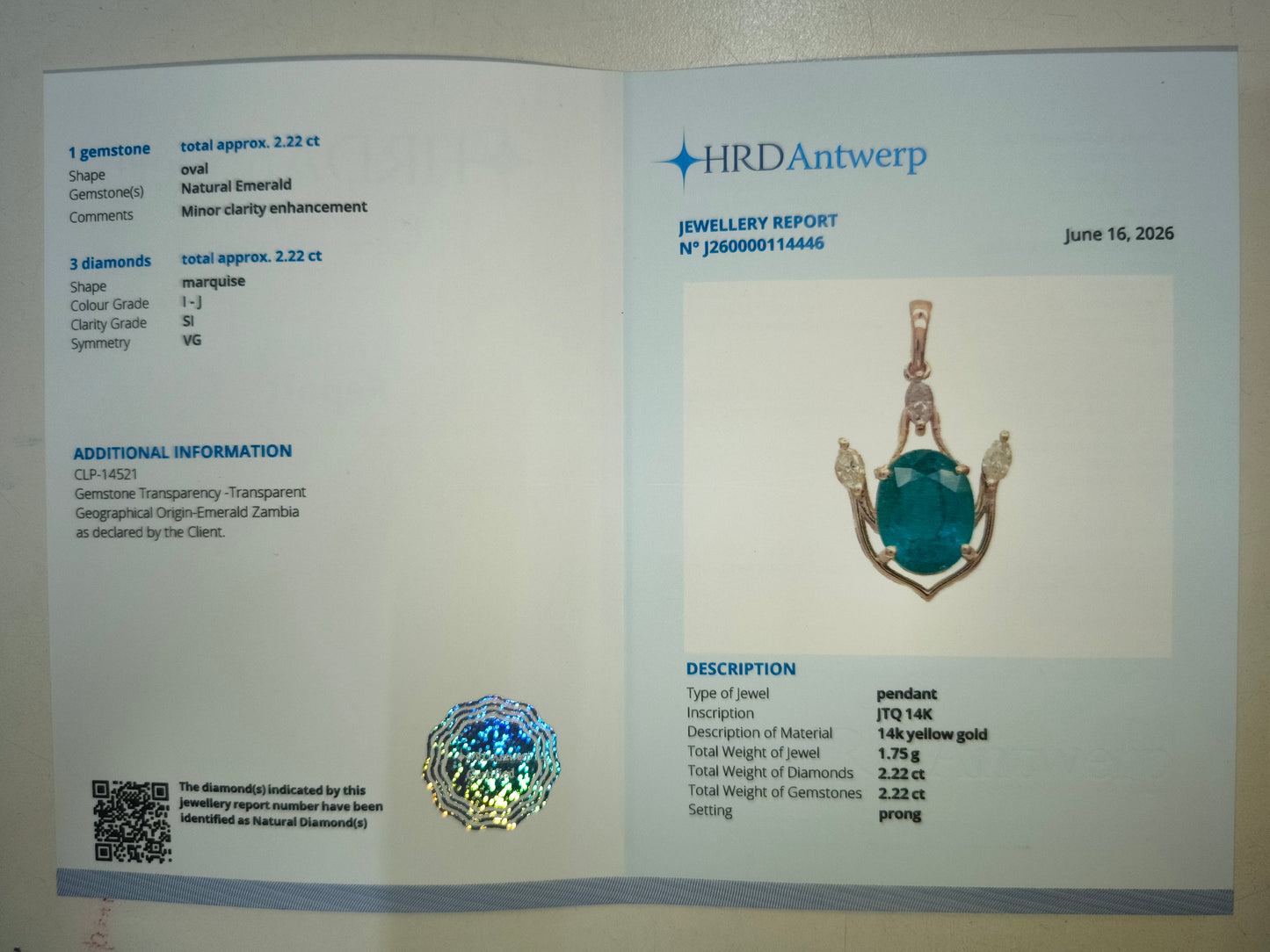 2.44 Ct Oval Natural Emerald 14K Gold Pendant