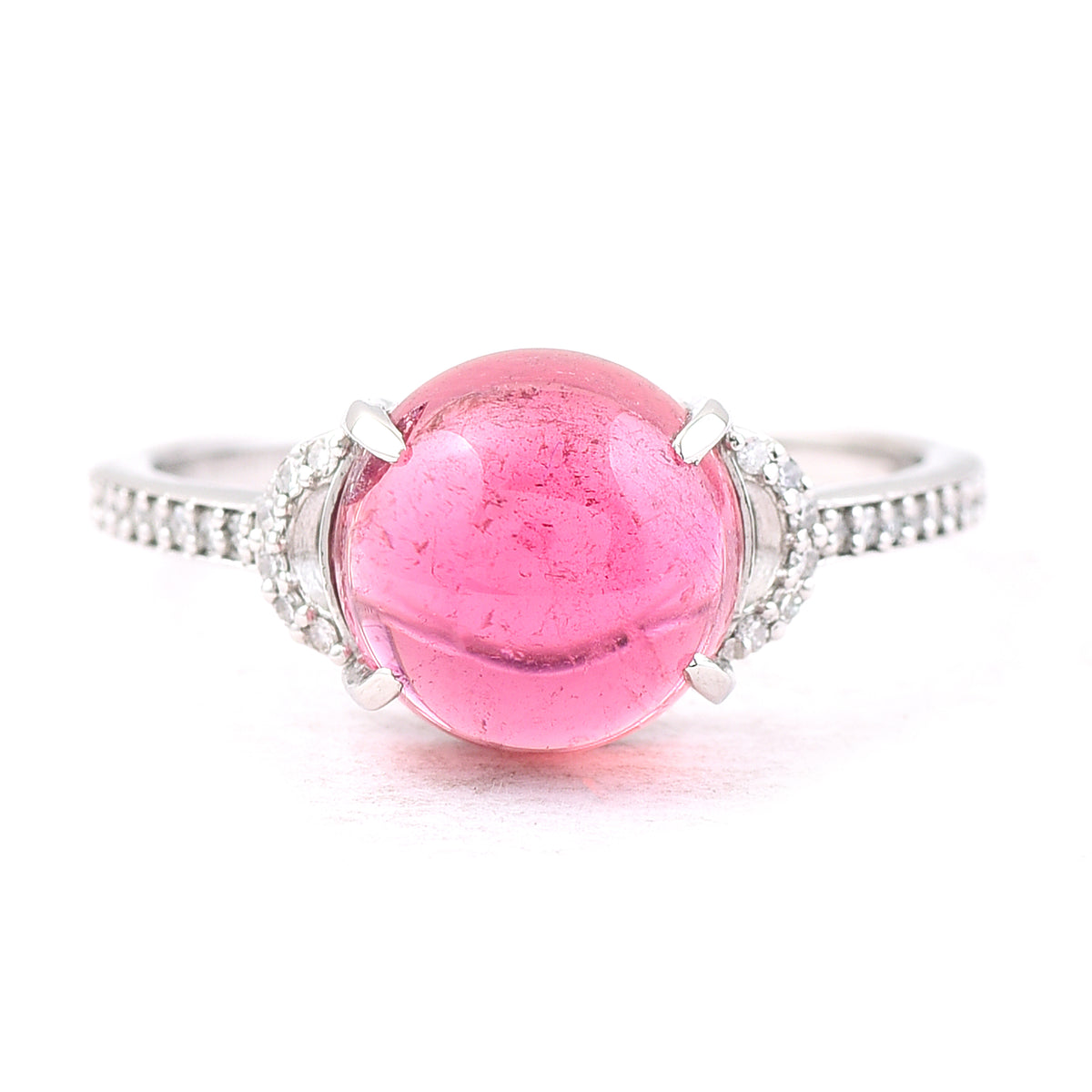 3.69 Ct Round Cabochon Cut Natural Pink Tourmaline 950 Platinum Ring