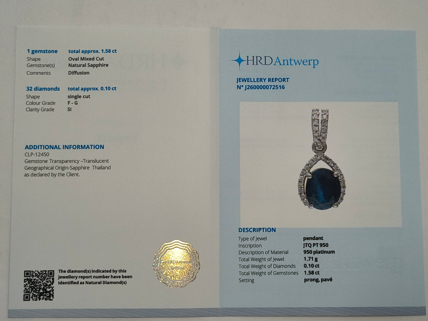 1.68 Ct Oval Mixed Cut Natural Sapphire 950 Platinum Pendant