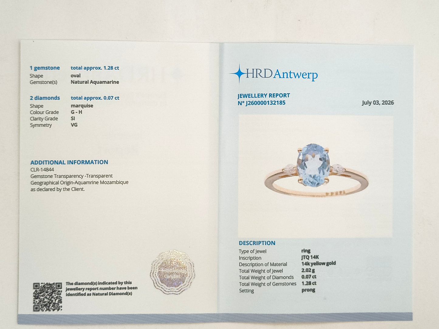 1.35 Ct Oval Natural Aquamarine 14K Gold Ring