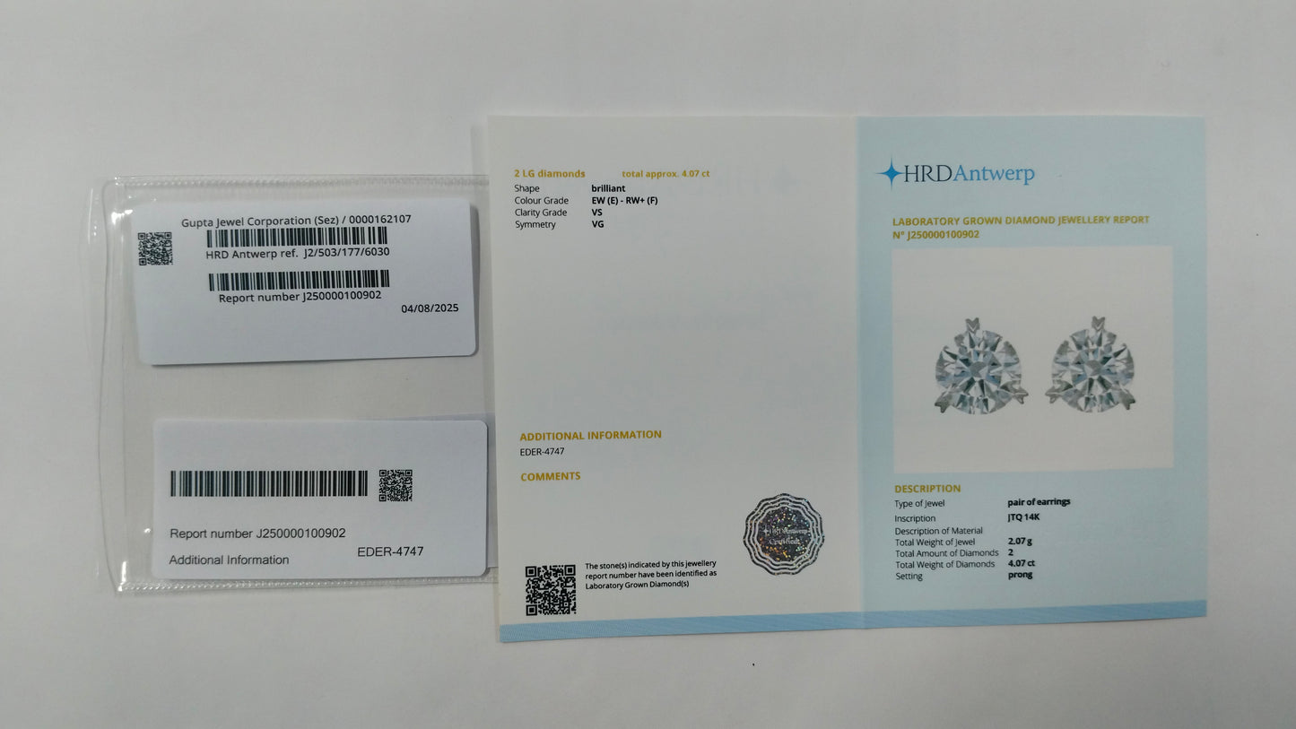 4.07 Carats Lab Grown Diamond 14K Gold Earrings