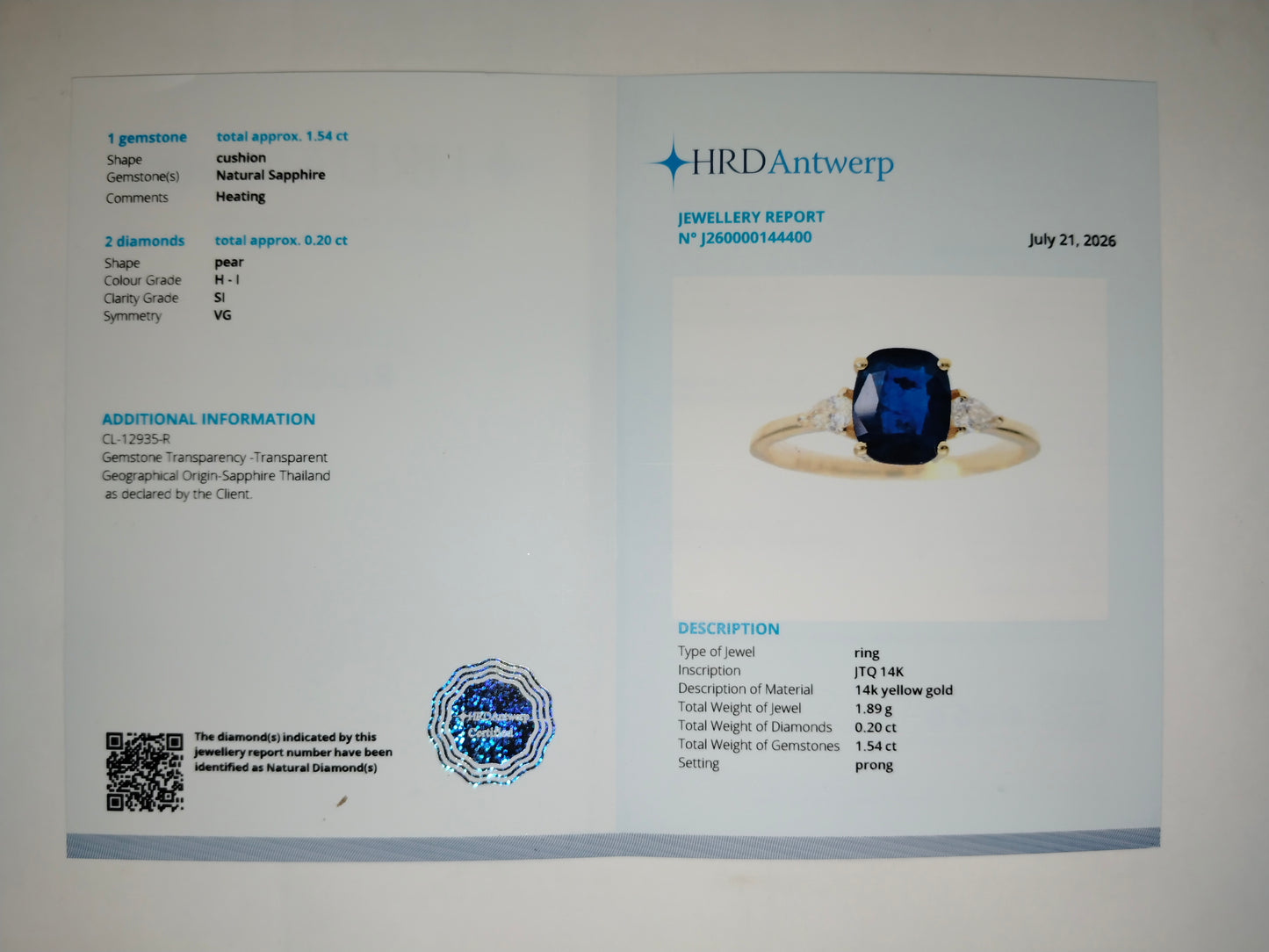 1.74 Ct Cushion Natural Sapphire 14K Gold Ring
