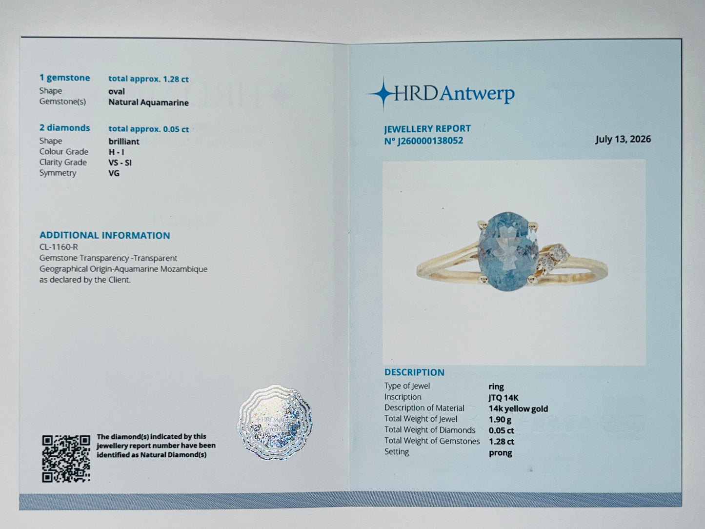 1.33 Ct Oval Natural Aquamarine 14K Gold Ring