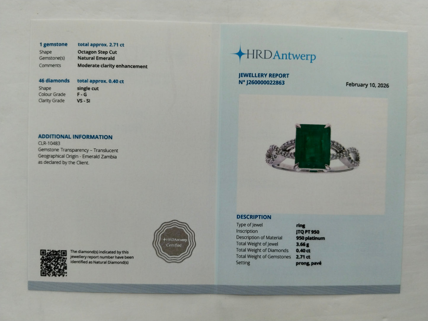 3.11 Ct Octagon Step Cut Natural Emerald 950 Platinum Ring