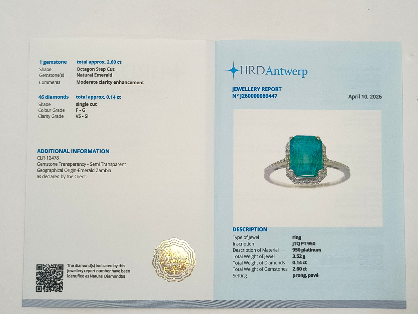 2.74 Ct Octagon Step Cut Natural Emerald 950 Platinum Ring
