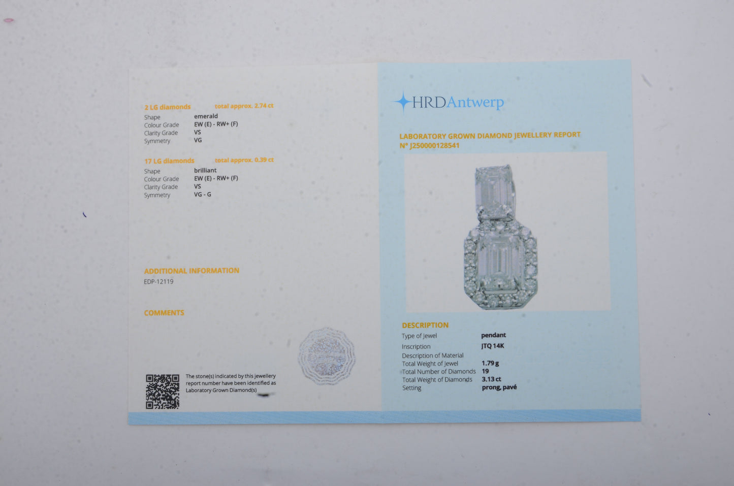 3.13 Carats Lab Grown Diamond 14K Gold Pendant