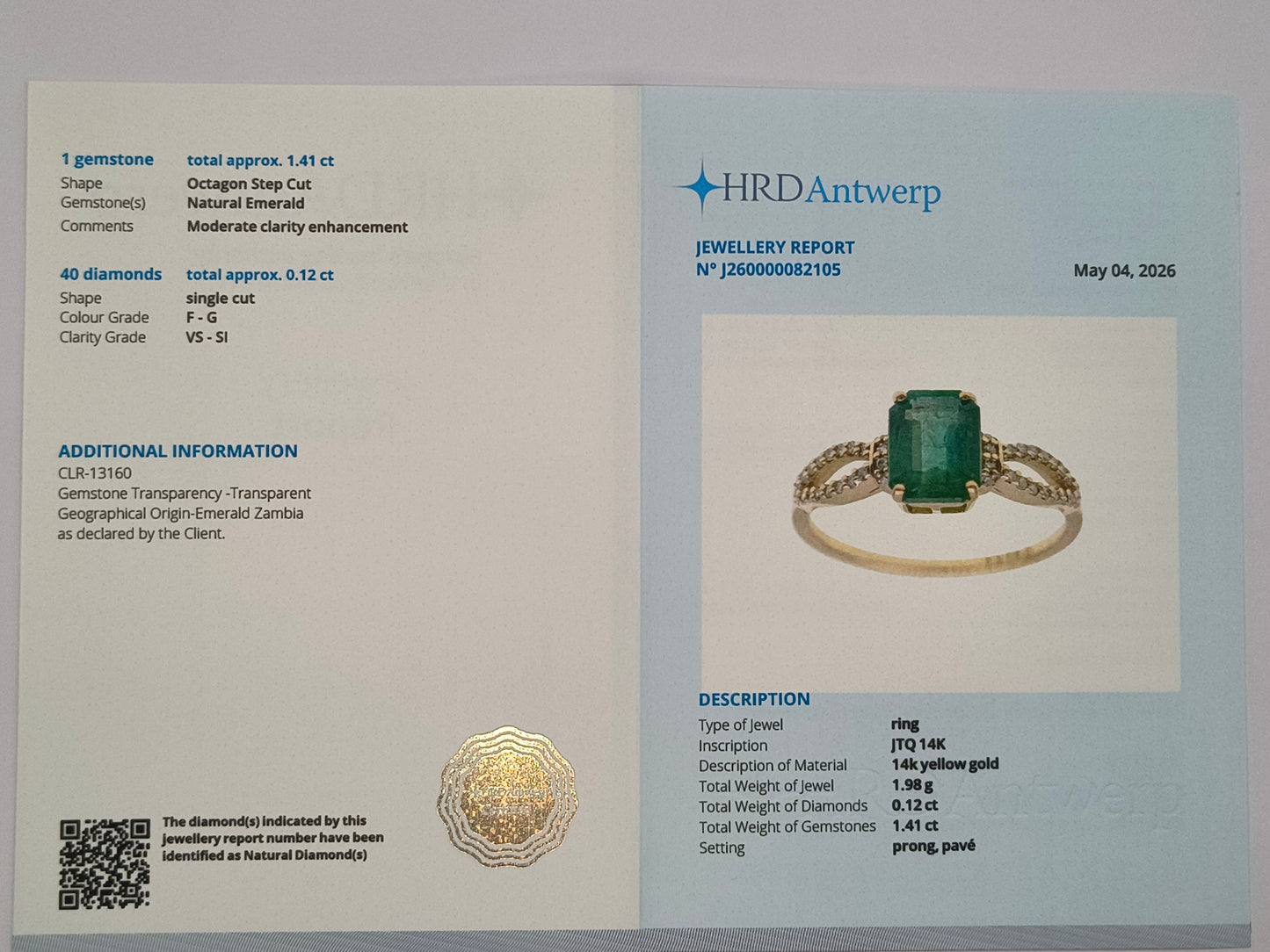 1.53 Ct Octagon Step Cut Natural Emerald 14K Gold Ring