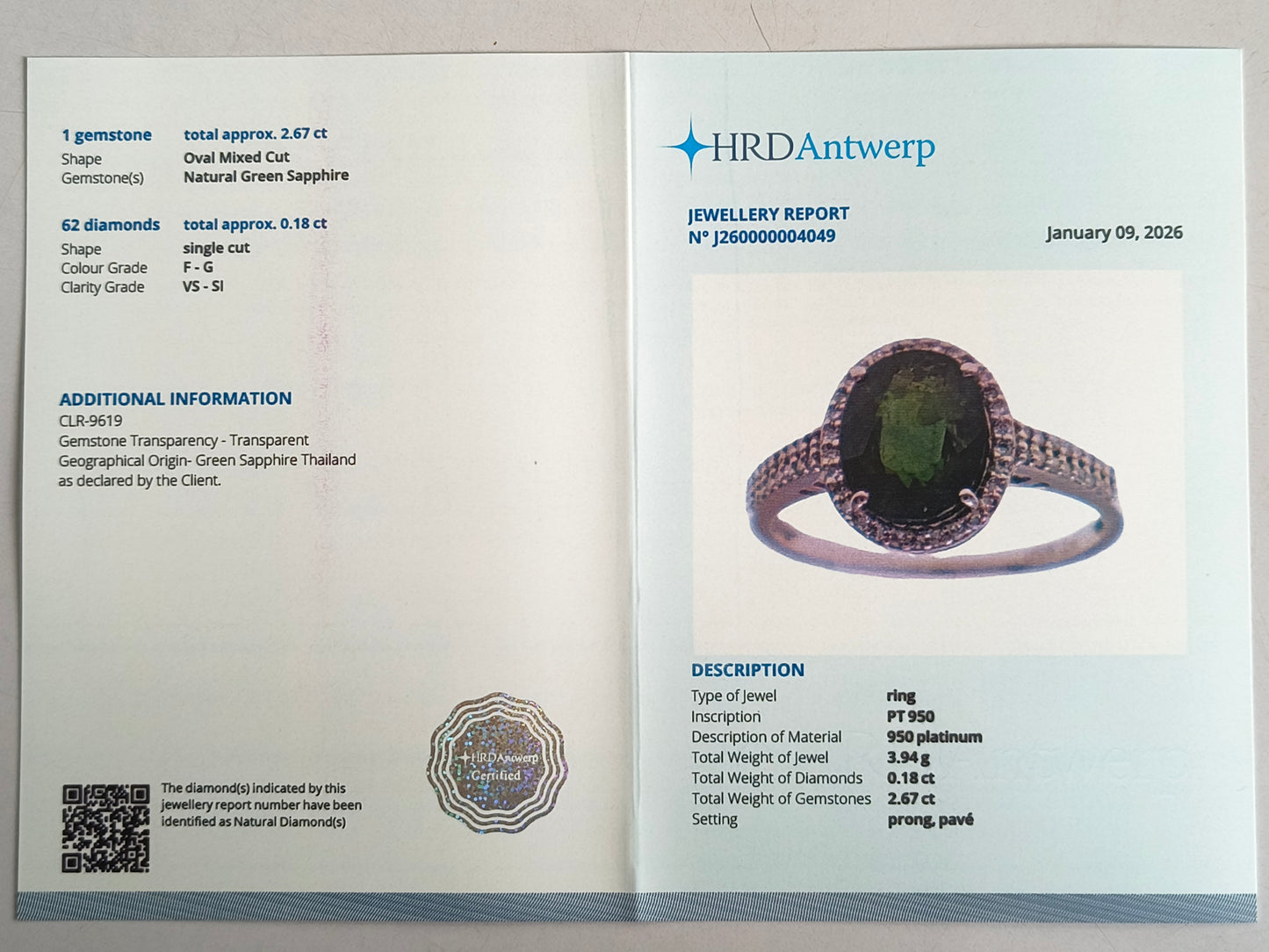 2.85 Ct Oval Mixed Cut Natural Green Sapphire 950 Platinum Ring