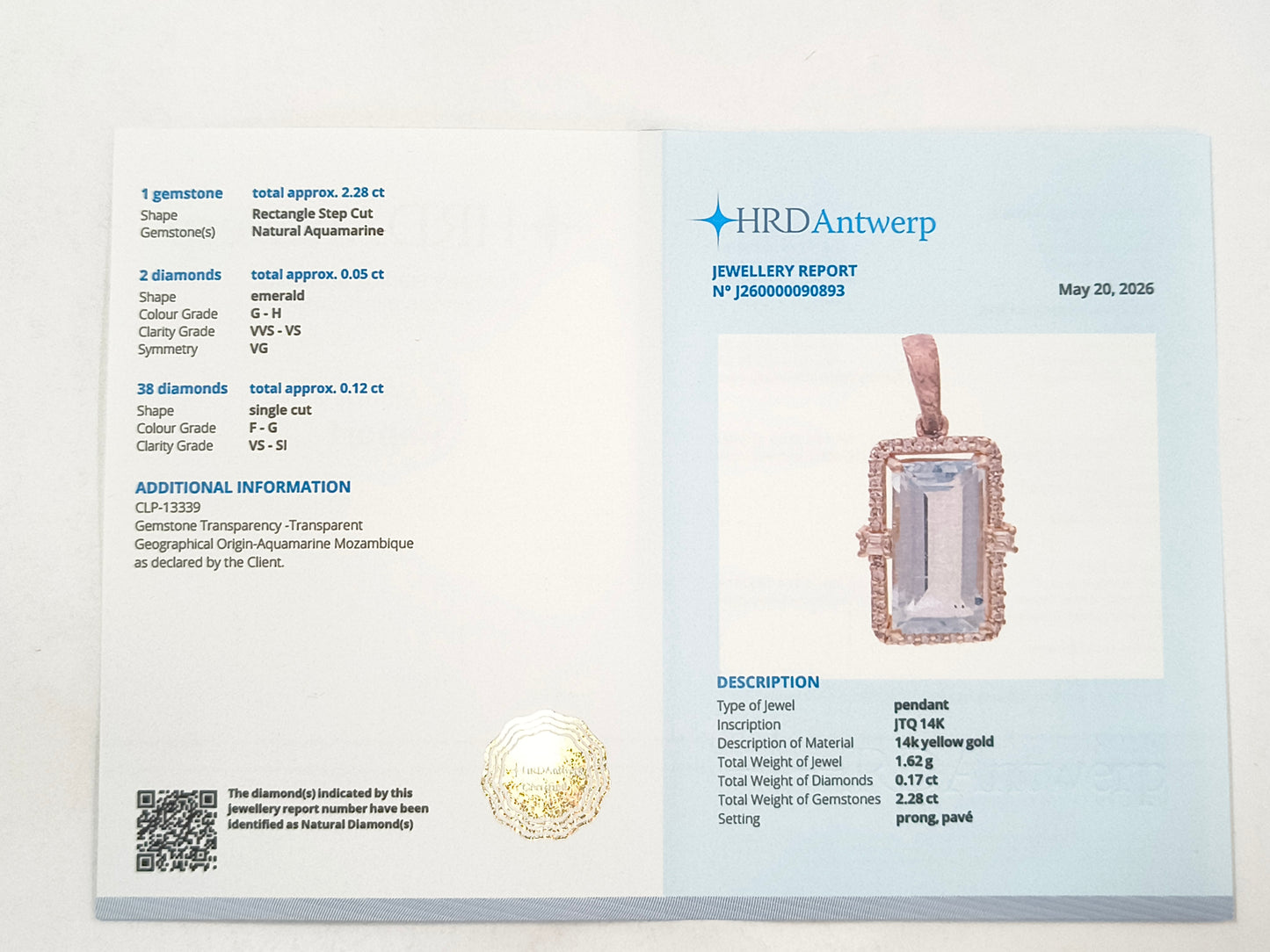 2.45 Ct Octagon Aquamarine 14K Gold Pendant