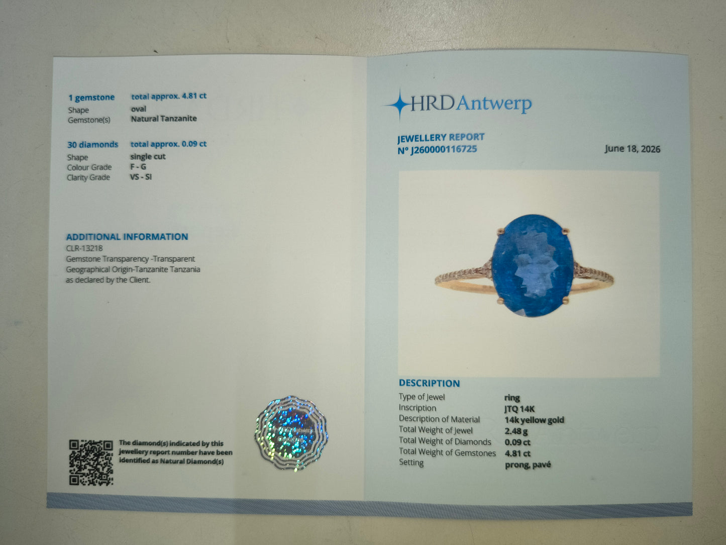 4.90 Ct Oval Natural Tanzanite 14K Gold Ring