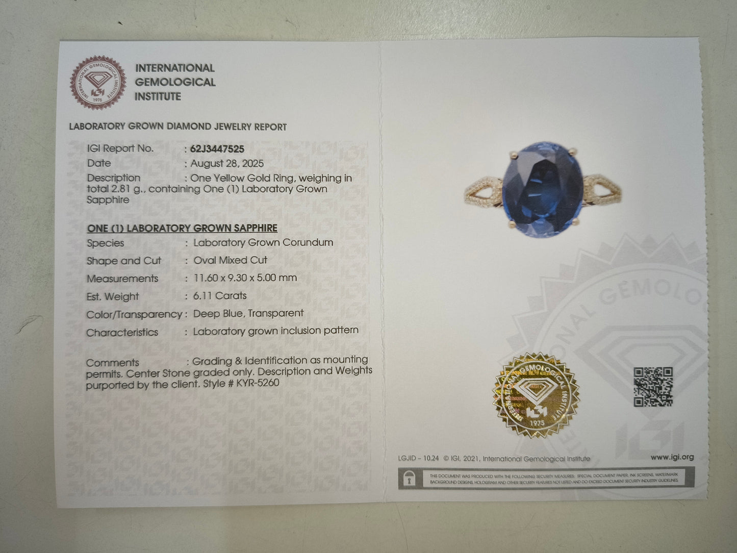 6.22 Ct Oval Mixed Cut Lab Grown Sapphire 14K Gold Ring